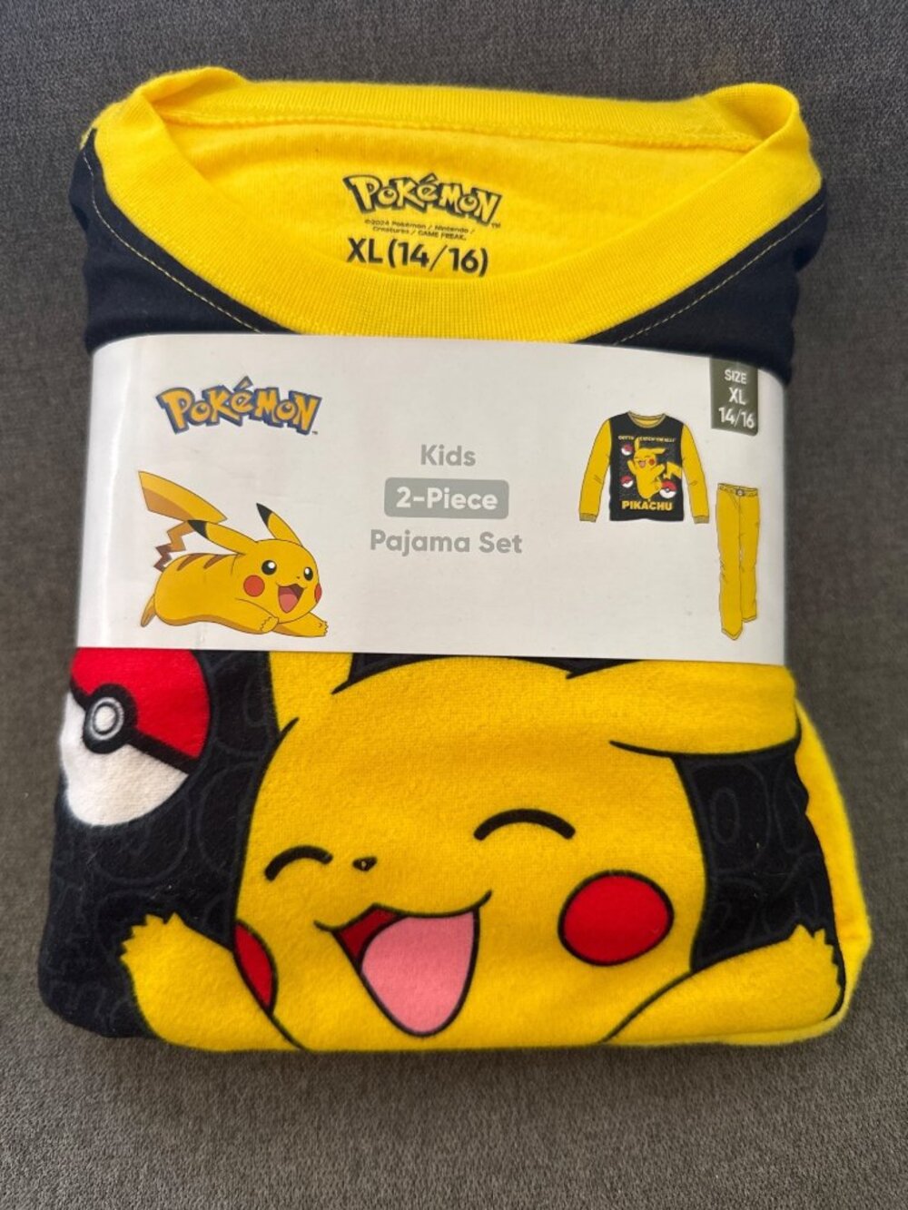 Pokemon Kids Pikachu 2-Piece Pajama Set Flame Resistant XL (14/16) Yellow & Blac